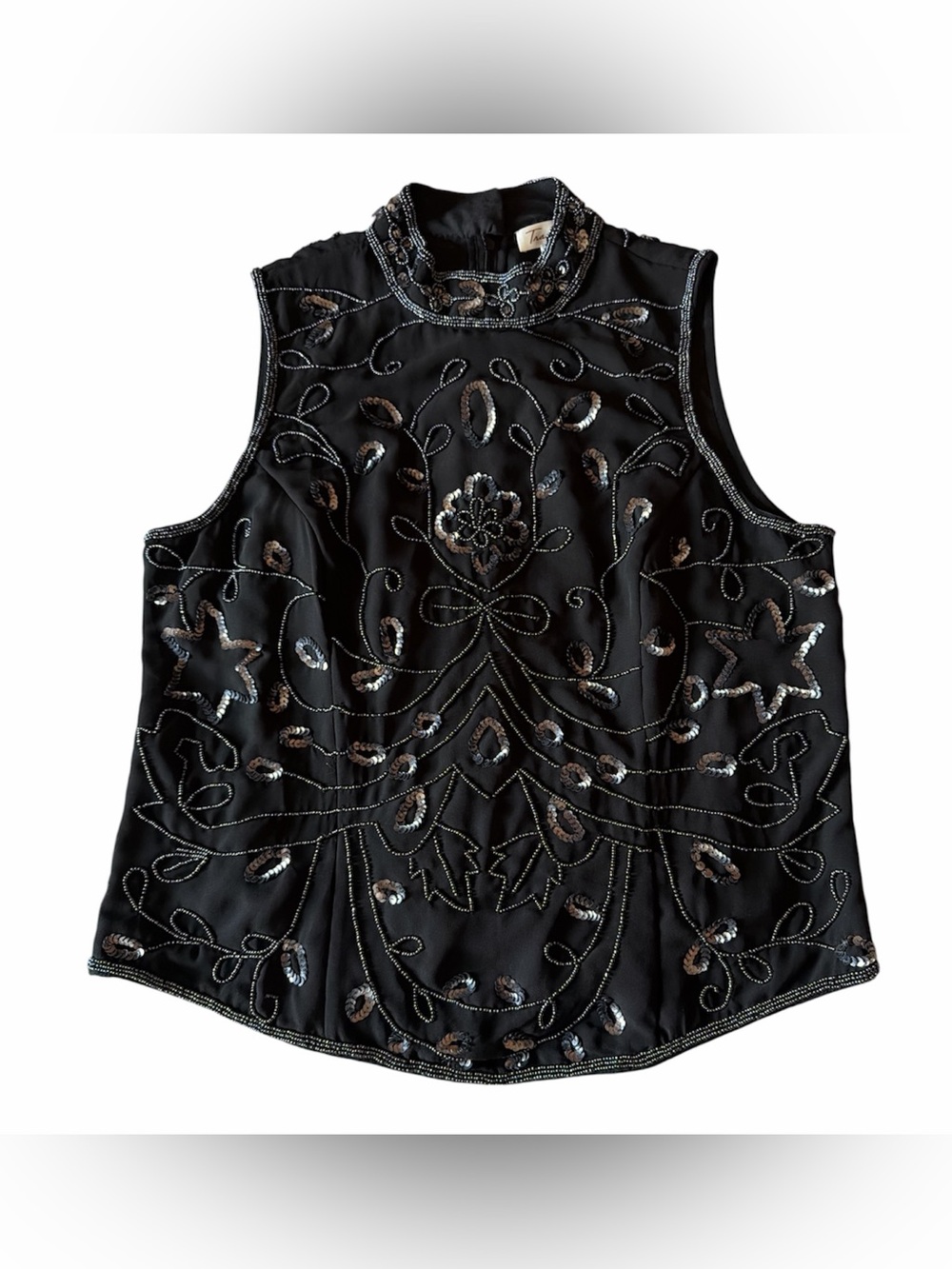 Vintage Tradition Embellished Beaded/Sequin Black Sleeveless Mock Neck Top Sz8